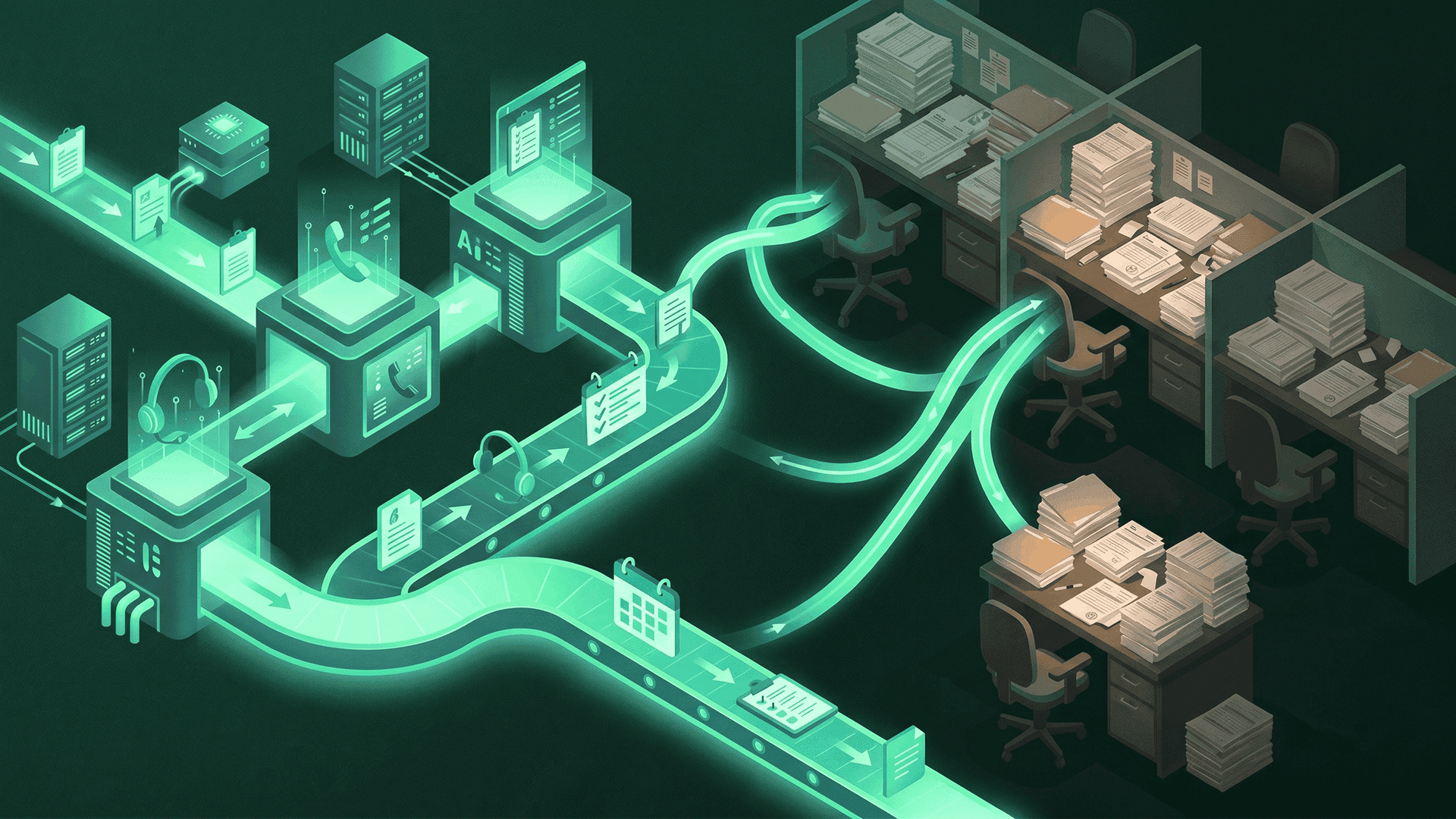 The Healthcare Staffing Shortage Is an Automation Problem Isometric illustration of an AI automation pipeline feeding into empty cubicles piled with paper, depicting the shift from manual coordinator work to automated healthcare workflows