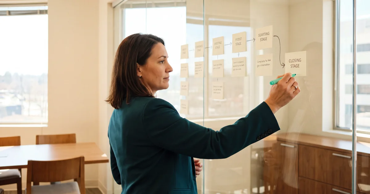 Care Gap Closure in Value-Based Care: A Practical Workflow Woman mapping a care gap closure workflow with sticky notes on a glass wall