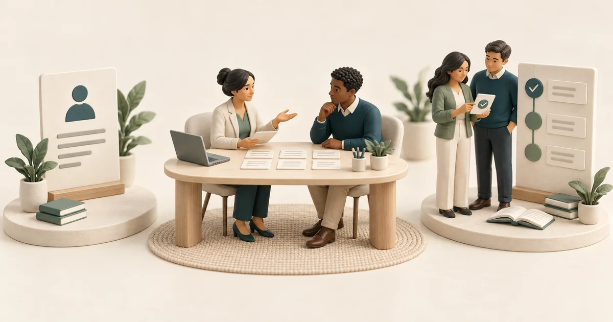 Referral coordinator interview and onboarding scene Miniature interviewer and candidate at a table of exercise cards, with a profile card and an onboarding checklist nearby