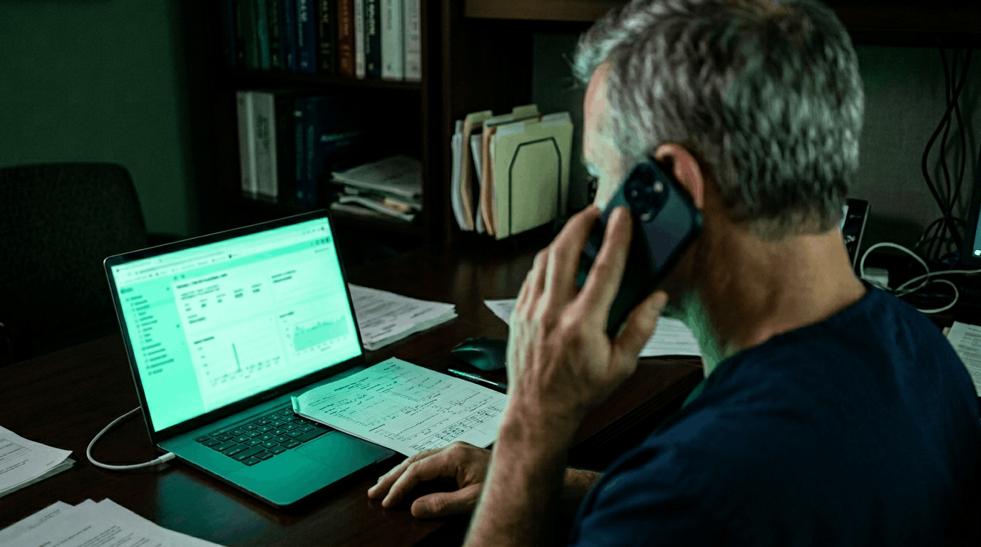 Peer-to-peer review: how to turn a prior authorization denial around Physician on a phone call reviewing clinical notes and a dashboard while preparing for a peer-to-peer prior authorization review