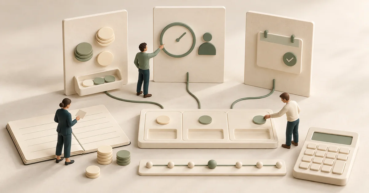 Three benefit ledgers with a cost calculator Miniature figures sorting tokens into three ledger trays under panels for cash, time and visits, beside a calculator