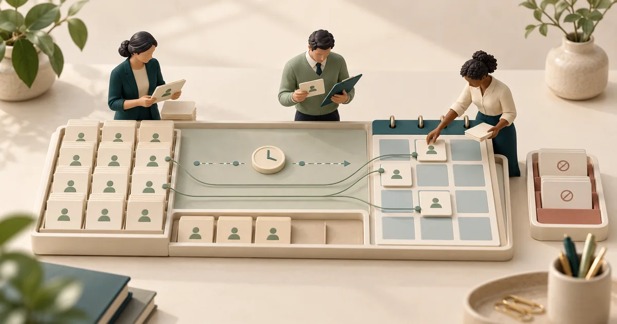Referral cards moving from receipt to booked appointment Miniature staff move patient cards from a tray through a clock lane onto a calendar grid, with declined cards set aside