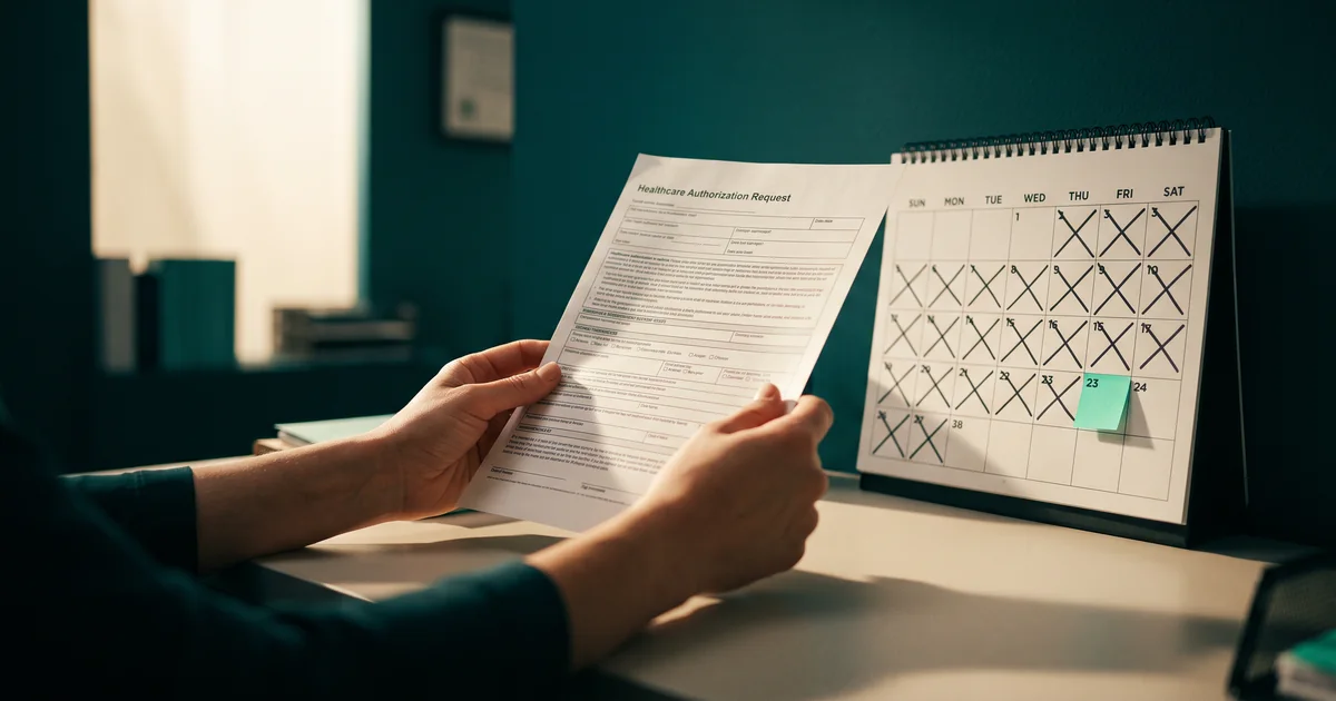Authorization request against the clock Hands holding a healthcare authorization request form beside a desk calendar with days crossed off and a mint sticky note