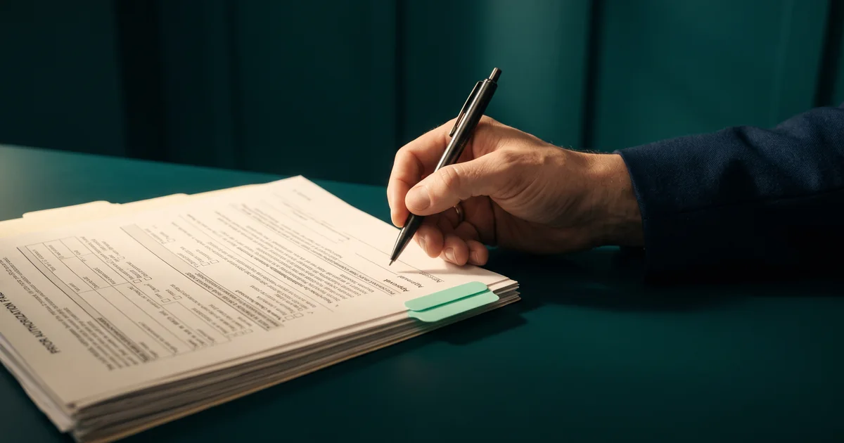 The human signature on a PA form A hand holding a pen over the approval line of a prior authorization form in a manila folder with a mint tab on a green desk