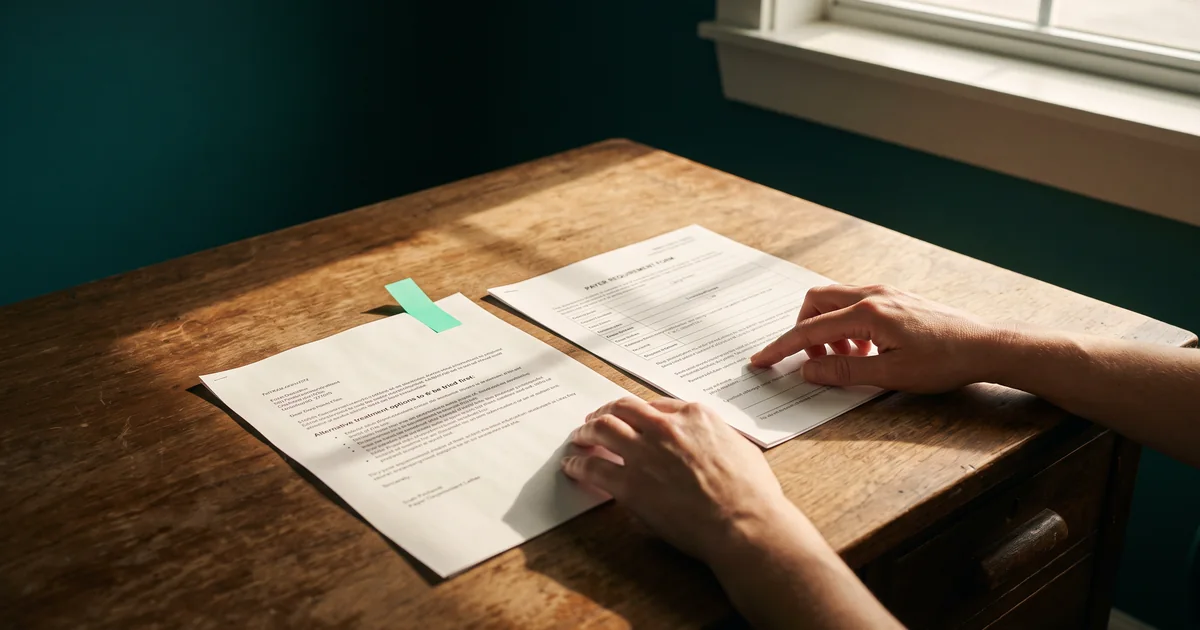 Two forms, two approval paths Hands on a sunlit wooden desk between a mint-tabbed letter listing alternatives to try first and a payer requirement form
