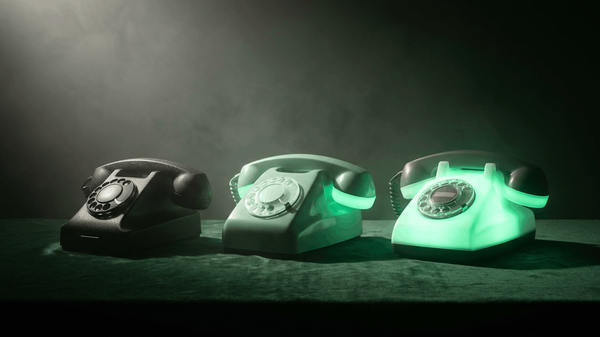 Cinematic product render of three vintage rotary telephones on a deep green velvet surface, progressing left to right from matte black to pale gray to fully glowing mint green, representing the capability progression from IVR to live agent to AI voicebot for healthcare patient access