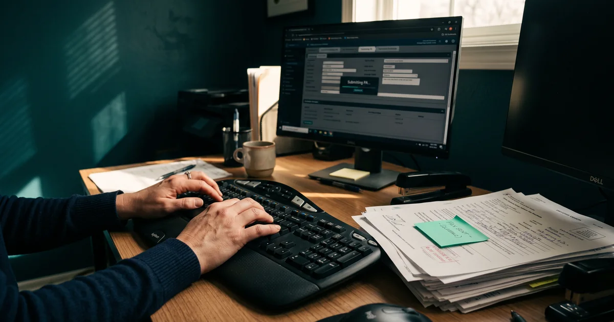 Submitting a PA on screen, paper stack beside it Hands typing at a monitor showing a prior authorization form mid-submission, beside a stack of paper forms with a mint sticky